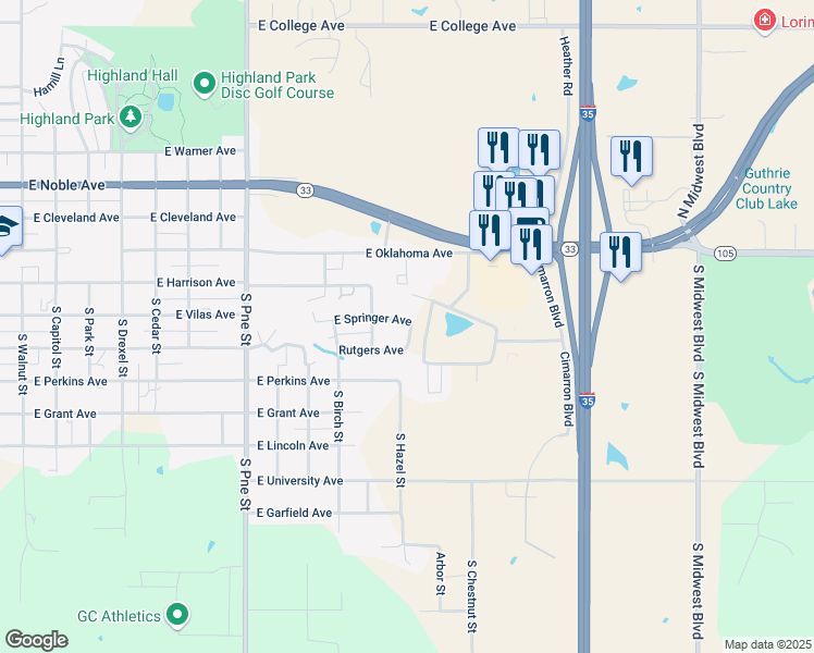map of restaurants, bars, coffee shops, grocery stores, and more near 1925 East Springer Avenue in Guthrie