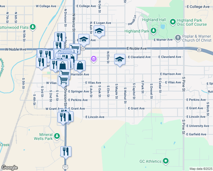 map of restaurants, bars, coffee shops, grocery stores, and more near 521 East Vilas Avenue in Guthrie