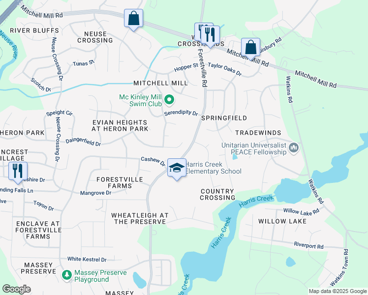 map of restaurants, bars, coffee shops, grocery stores, and more near 3620 Dewing Drive in Raleigh