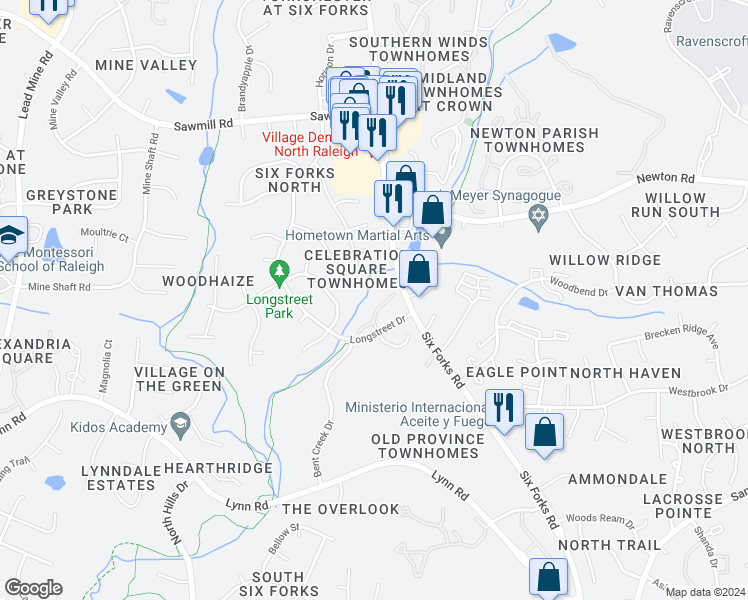 map of restaurants, bars, coffee shops, grocery stores, and more near 7036 Longstreet Drive in Raleigh