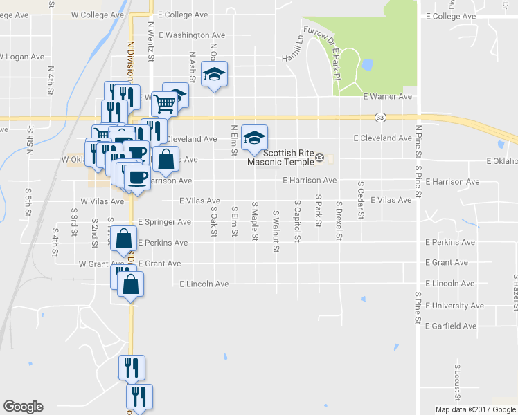 map of restaurants, bars, coffee shops, grocery stores, and more near 304 South Maple Street in Guthrie