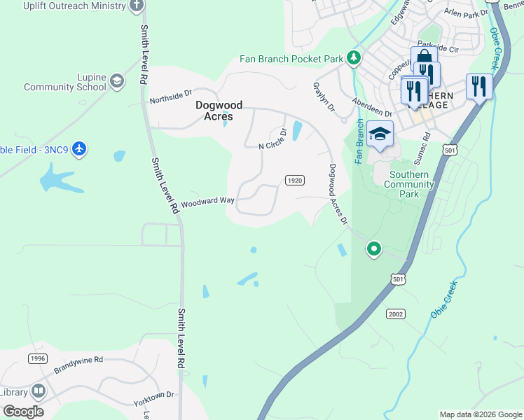 map of restaurants, bars, coffee shops, grocery stores, and more near 27 South Circle Drive in Chapel Hill