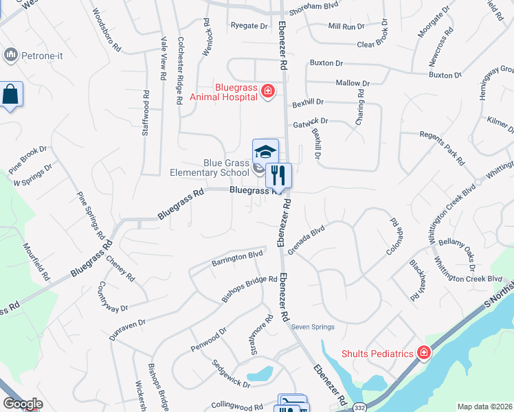 map of restaurants, bars, coffee shops, grocery stores, and more near 8916 Bluegrass Road in Knoxville