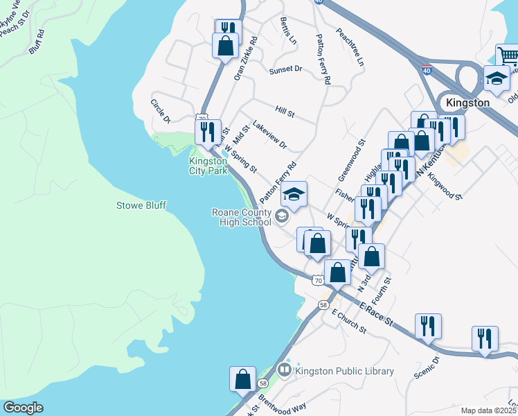 map of restaurants, bars, coffee shops, grocery stores, and more near 201 Patton Ferry Road in Kingston
