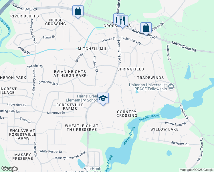 map of restaurants, bars, coffee shops, grocery stores, and more near 3620 Dewing Drive in Raleigh
