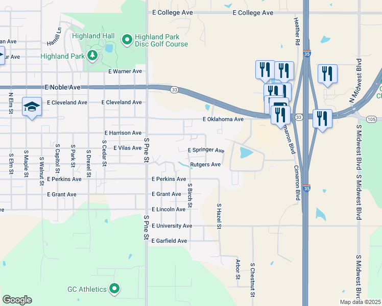 map of restaurants, bars, coffee shops, grocery stores, and more near 1801 East Springer Avenue in Guthrie