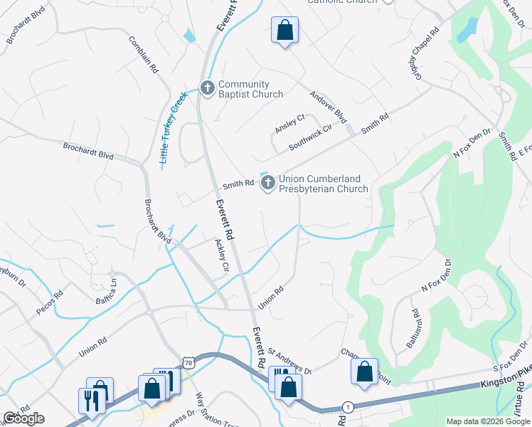 map of restaurants, bars, coffee shops, grocery stores, and more near 12401 Camdenbridge Drive in Knoxville