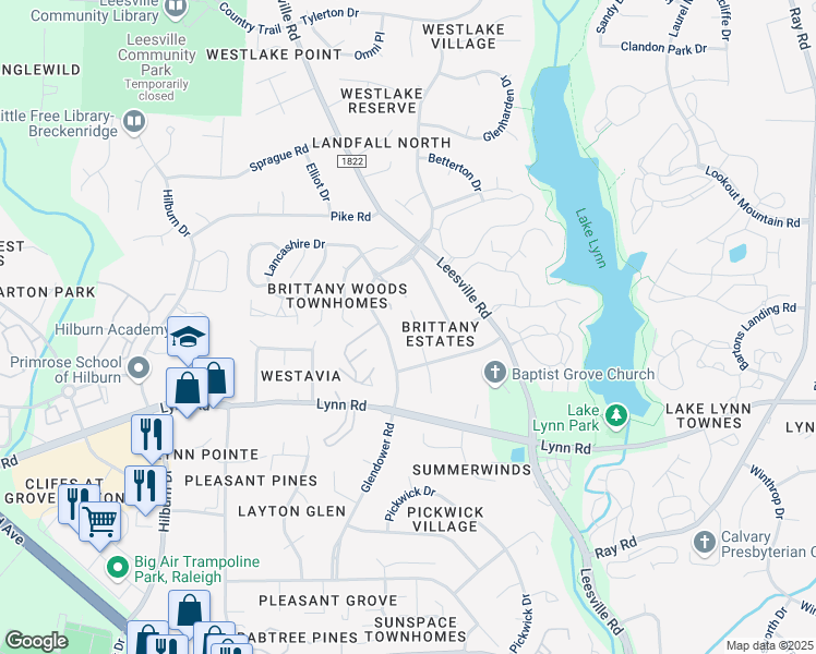map of restaurants, bars, coffee shops, grocery stores, and more near 6920 Glendower Road in Raleigh
