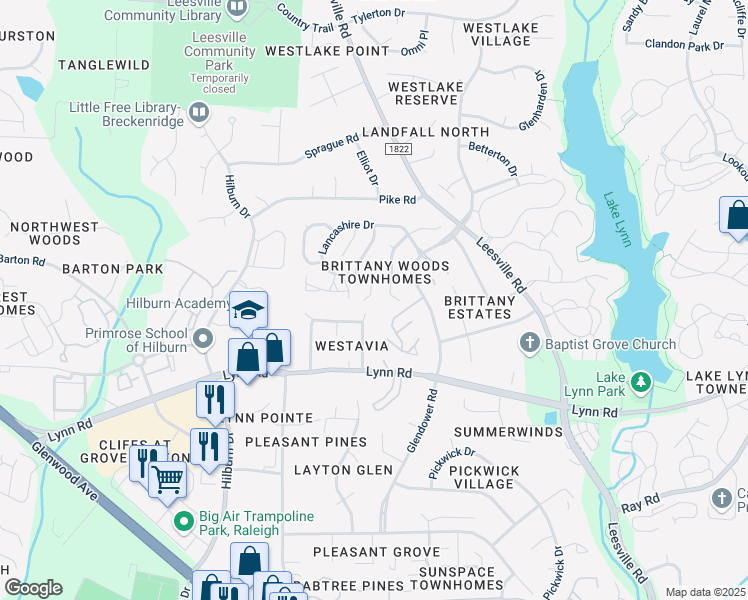 map of restaurants, bars, coffee shops, grocery stores, and more near 6940 Spring Drive in Raleigh