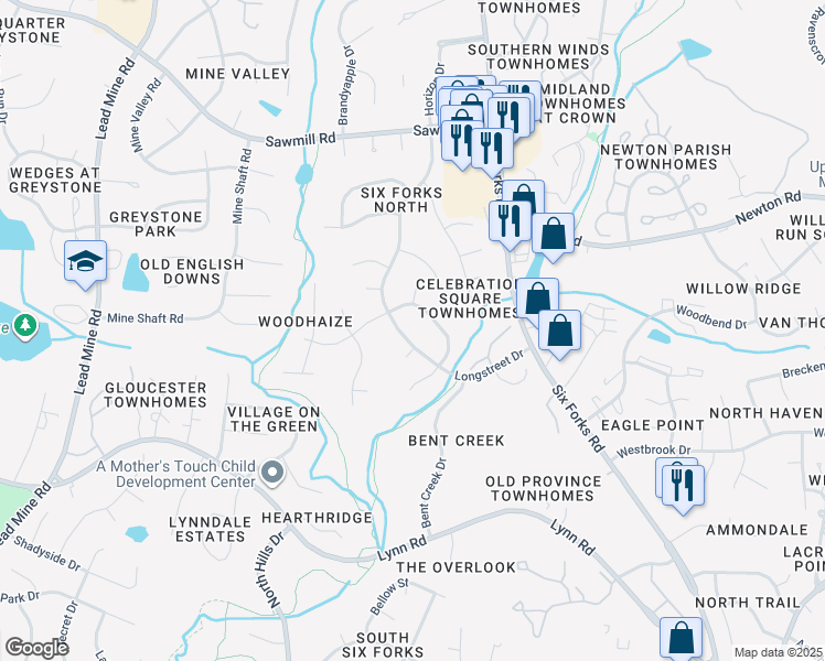 map of restaurants, bars, coffee shops, grocery stores, and more near 7308 Longstreet Drive in Raleigh
