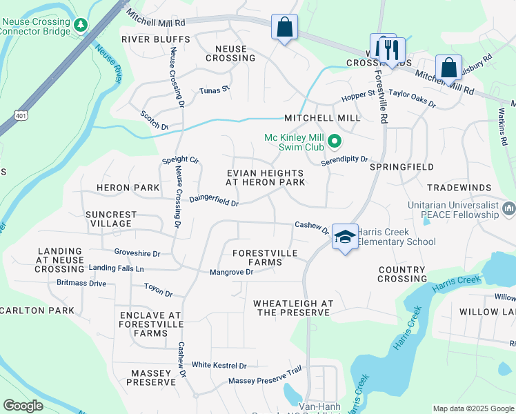 map of restaurants, bars, coffee shops, grocery stores, and more near 3344 Daingerfield Drive in Raleigh