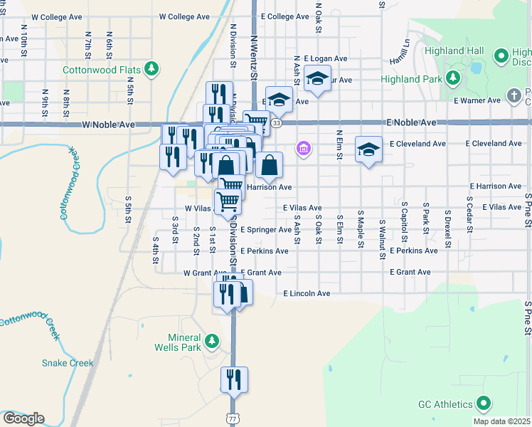 map of restaurants, bars, coffee shops, grocery stores, and more near 213 East Vilas Avenue in Guthrie