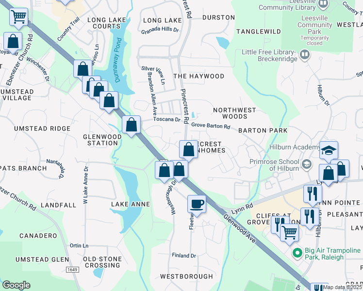 map of restaurants, bars, coffee shops, grocery stores, and more near 8100 Green Lantern Street in Raleigh