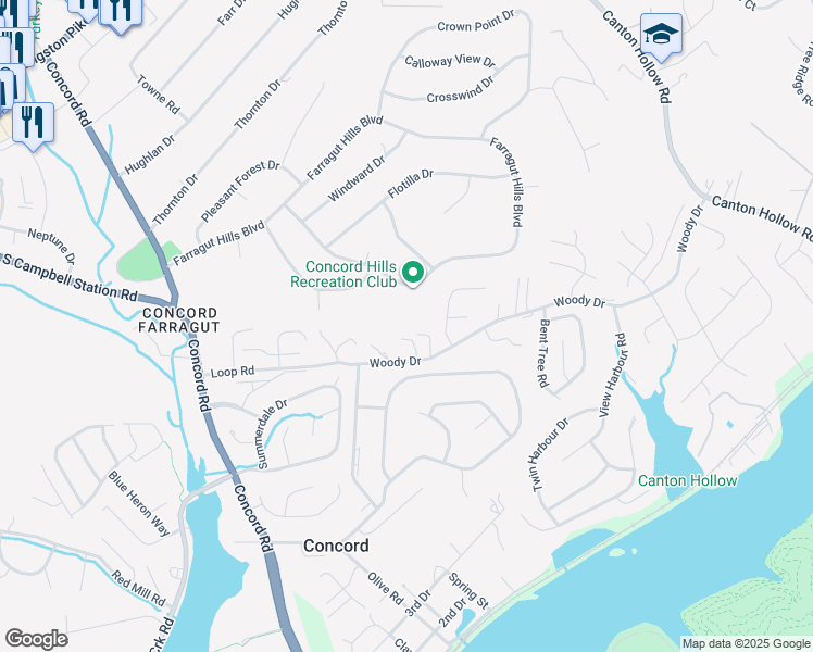 map of restaurants, bars, coffee shops, grocery stores, and more near 11111 Woody Drive in Knoxville