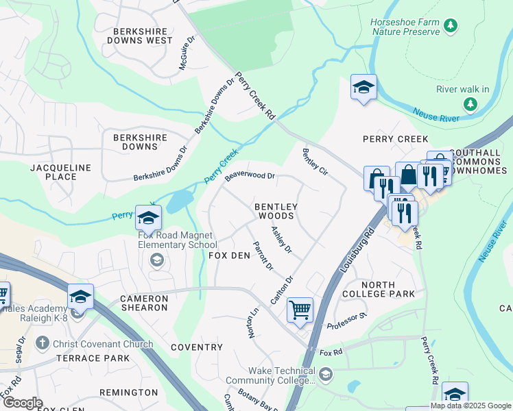 map of restaurants, bars, coffee shops, grocery stores, and more near 7304 Bentley Wood Lane in Raleigh