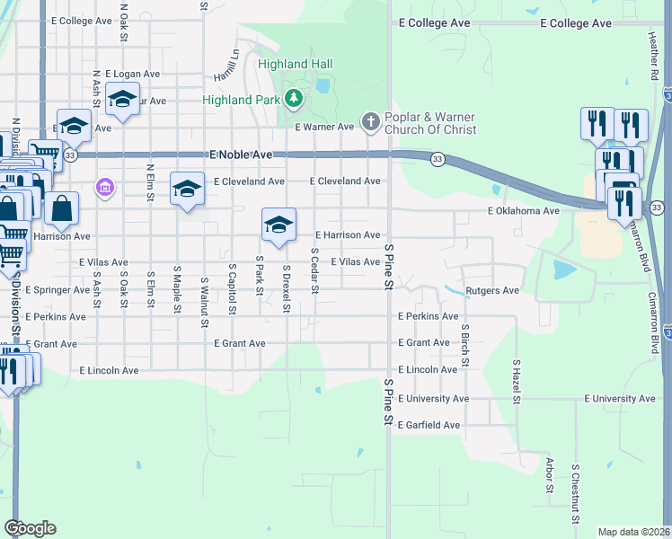 map of restaurants, bars, coffee shops, grocery stores, and more near 1223 East Vilas Avenue in Guthrie