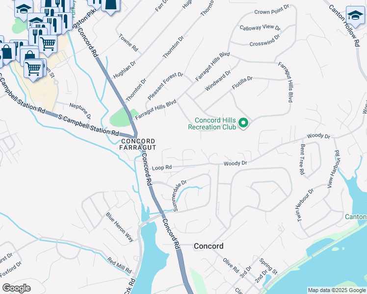 map of restaurants, bars, coffee shops, grocery stores, and more near 607 Concord Villas Way in Knoxville