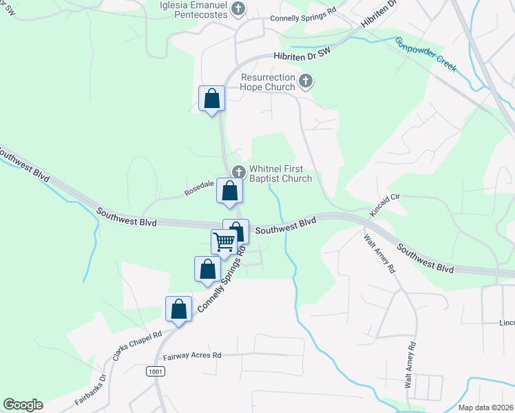map of restaurants, bars, coffee shops, grocery stores, and more near 1221 Connelly Springs Road in Lenoir