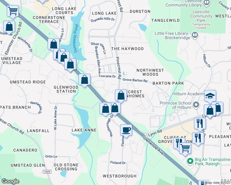 map of restaurants, bars, coffee shops, grocery stores, and more near 8100 Green Lantern Street in Raleigh