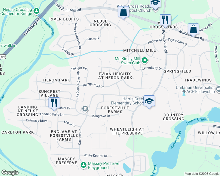 map of restaurants, bars, coffee shops, grocery stores, and more near 3340 Daingerfield Drive in Raleigh