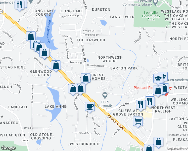 map of restaurants, bars, coffee shops, grocery stores, and more near 5409 Shady Crest Drive in Raleigh