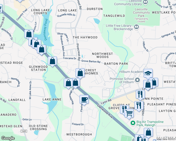 map of restaurants, bars, coffee shops, grocery stores, and more near 5409 Shady Crest Drive in Raleigh