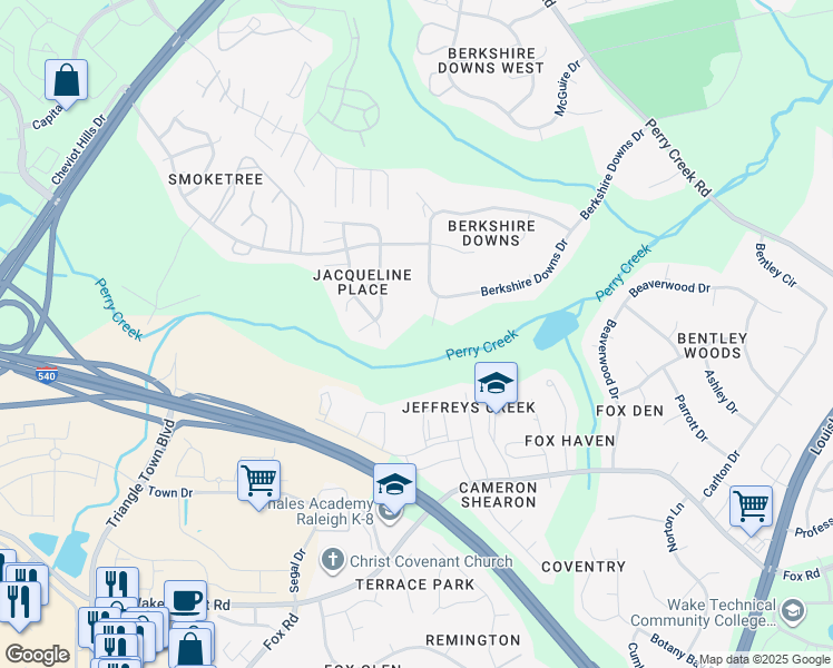 map of restaurants, bars, coffee shops, grocery stores, and more near 7324 Berkshire Downs Drive in Raleigh