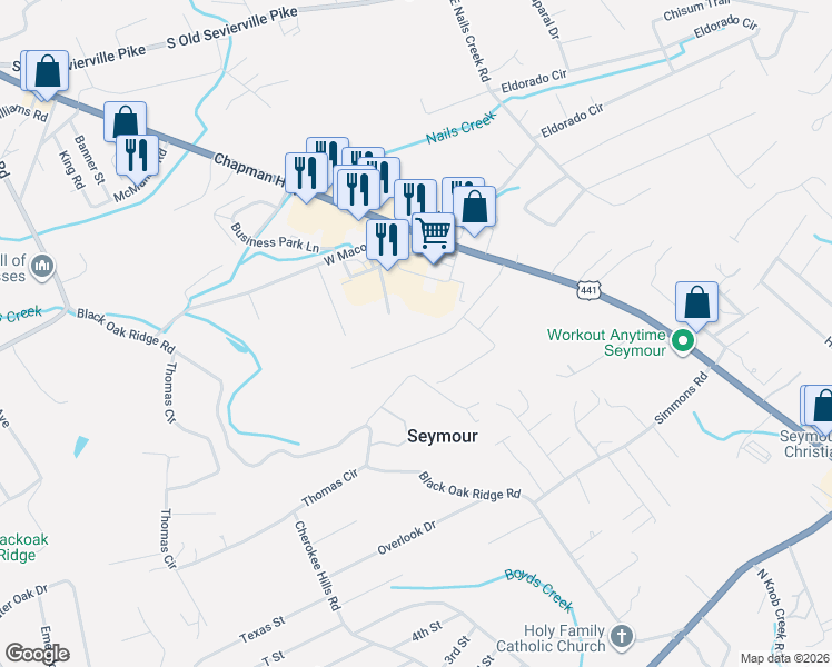 map of restaurants, bars, coffee shops, grocery stores, and more near 156 Chapman View Drive in Seymour
