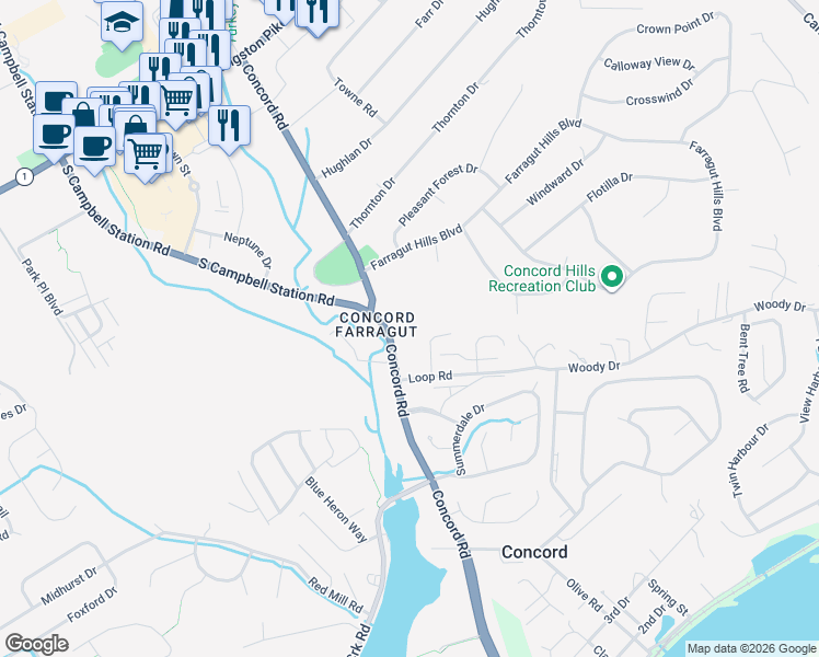 map of restaurants, bars, coffee shops, grocery stores, and more near 506 Concord Road in Knoxville