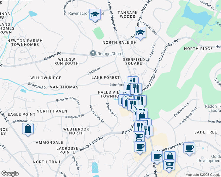 map of restaurants, bars, coffee shops, grocery stores, and more near 822 Lake Forest Drive in Raleigh