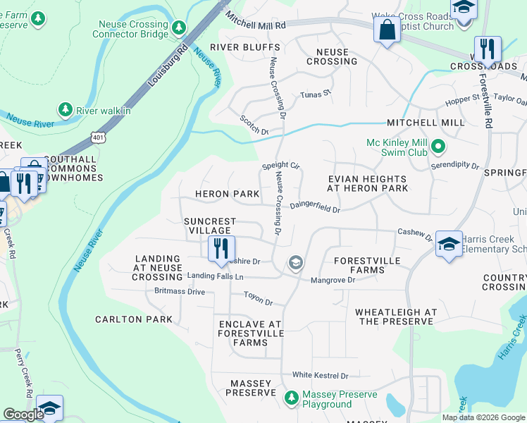 map of restaurants, bars, coffee shops, grocery stores, and more near 6531 Grassy Knoll Lane in Raleigh