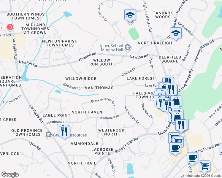 map of restaurants, bars, coffee shops, grocery stores, and more near 6712 Spencer Court in Raleigh