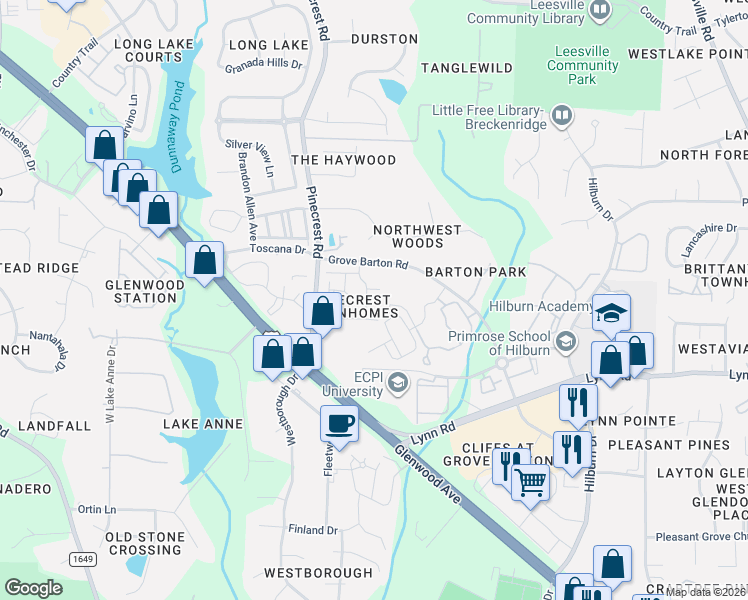 map of restaurants, bars, coffee shops, grocery stores, and more near 5401 Bayside Court in Raleigh