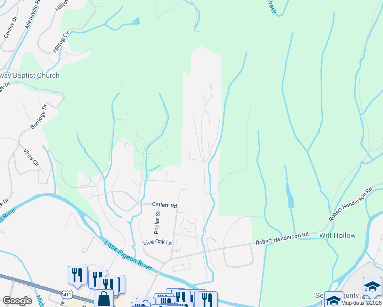 map of restaurants, bars, coffee shops, grocery stores, and more near 600 Cedar Hill Drive in Sevierville