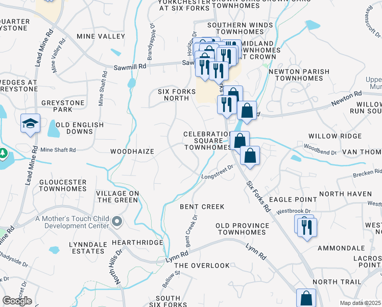 map of restaurants, bars, coffee shops, grocery stores, and more near 7532 Stuart Drive in Raleigh