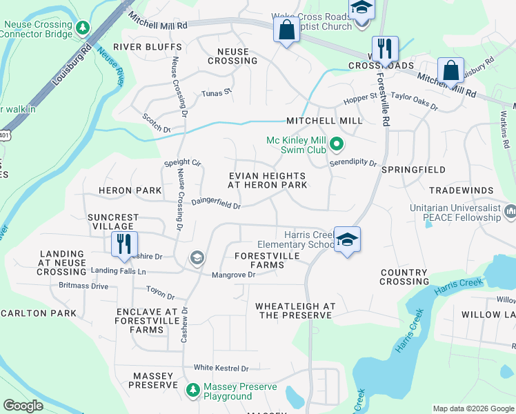 map of restaurants, bars, coffee shops, grocery stores, and more near 3340 Daingerfield Drive in Raleigh