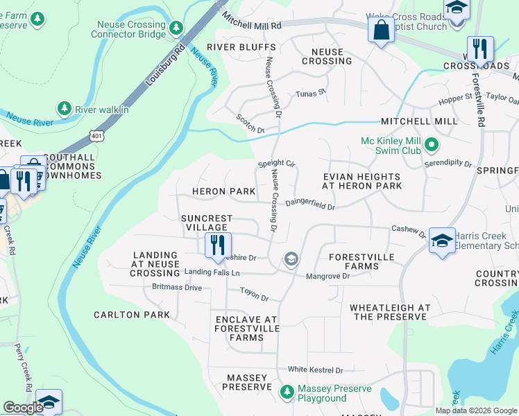 map of restaurants, bars, coffee shops, grocery stores, and more near 6531 Grassy Knoll Lane in Raleigh