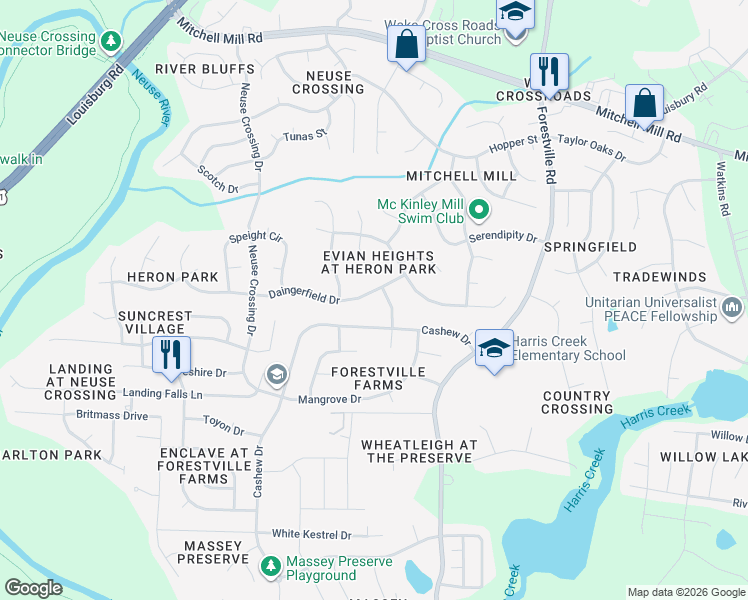 map of restaurants, bars, coffee shops, grocery stores, and more near 3340 Daingerfield Drive in Raleigh