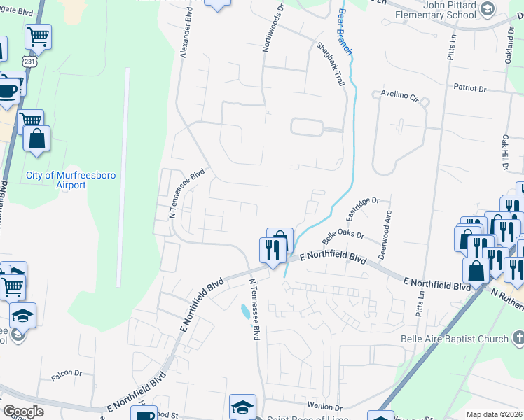 map of restaurants, bars, coffee shops, grocery stores, and more near 1808 Mosaic Tr in Murfreesboro