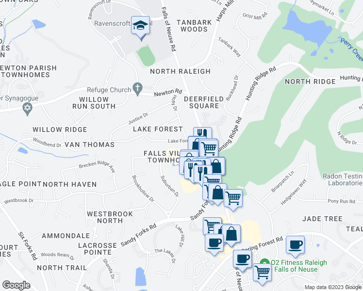 map of restaurants, bars, coffee shops, grocery stores, and more near 836 Lake Forest Dr in Raleigh