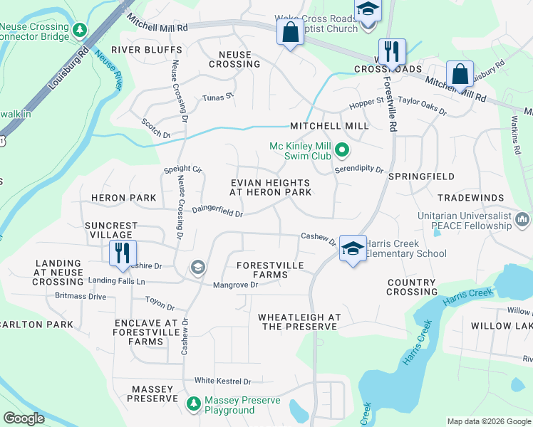 map of restaurants, bars, coffee shops, grocery stores, and more near 3340 Daingerfield Drive in Raleigh