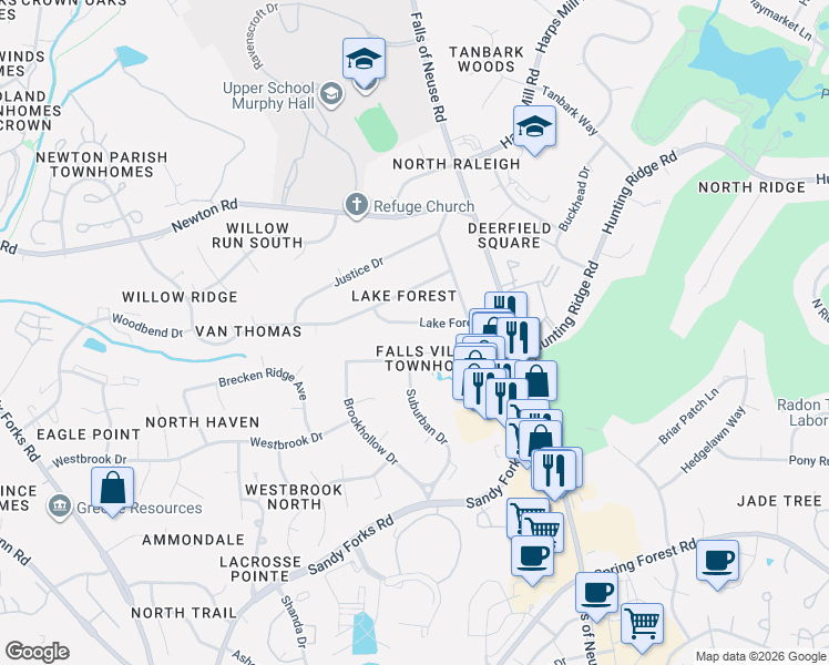 map of restaurants, bars, coffee shops, grocery stores, and more near 820 The Village Circle in Raleigh