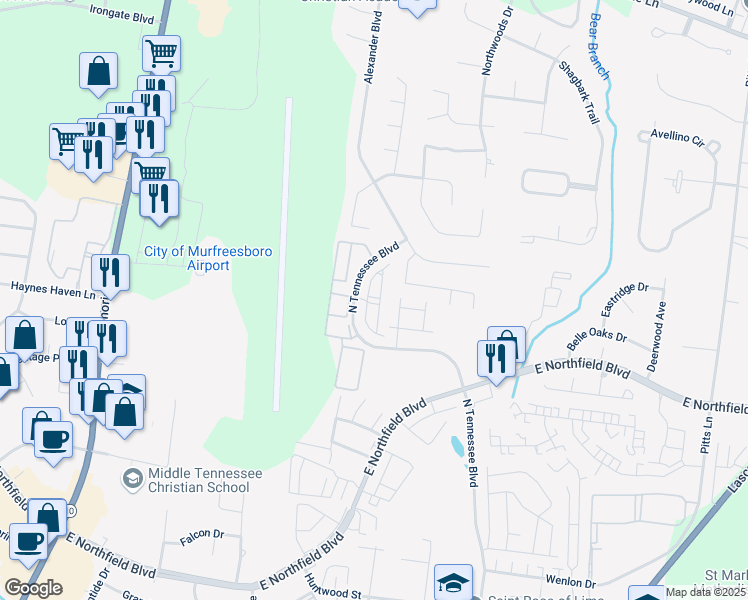 map of restaurants, bars, coffee shops, grocery stores, and more near 2342 North Tennessee Boulevard in Murfreesboro