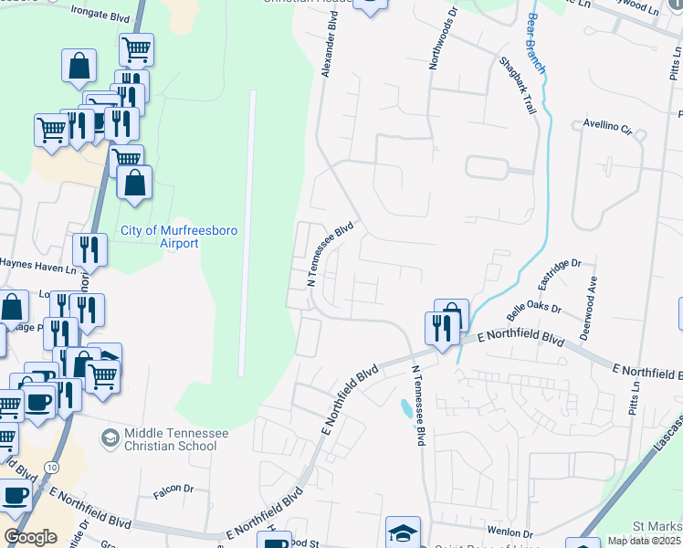 map of restaurants, bars, coffee shops, grocery stores, and more near 2342 North Tennessee Boulevard in Murfreesboro