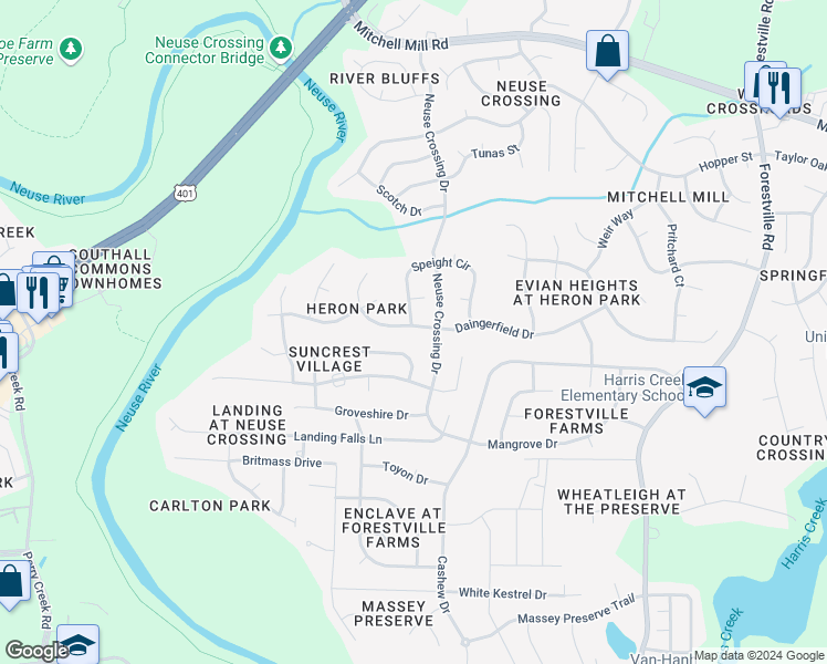 map of restaurants, bars, coffee shops, grocery stores, and more near 3200 Daingerfield Drive in Raleigh