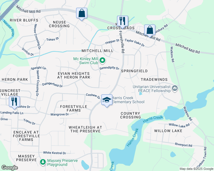 map of restaurants, bars, coffee shops, grocery stores, and more near 3617 Dewing Drive in Raleigh
