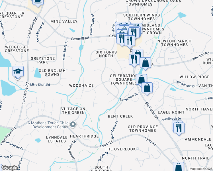 map of restaurants, bars, coffee shops, grocery stores, and more near 7320 Longstreet Drive in Raleigh