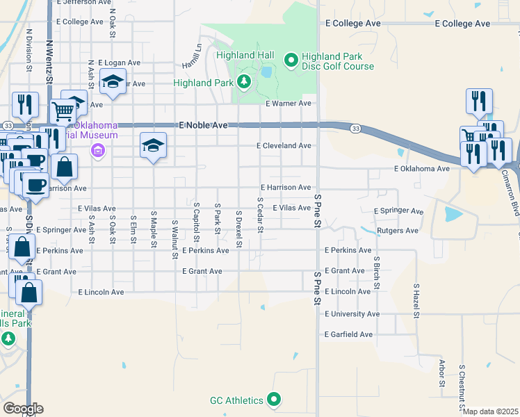 map of restaurants, bars, coffee shops, grocery stores, and more near South Cedar Street in Guthrie
