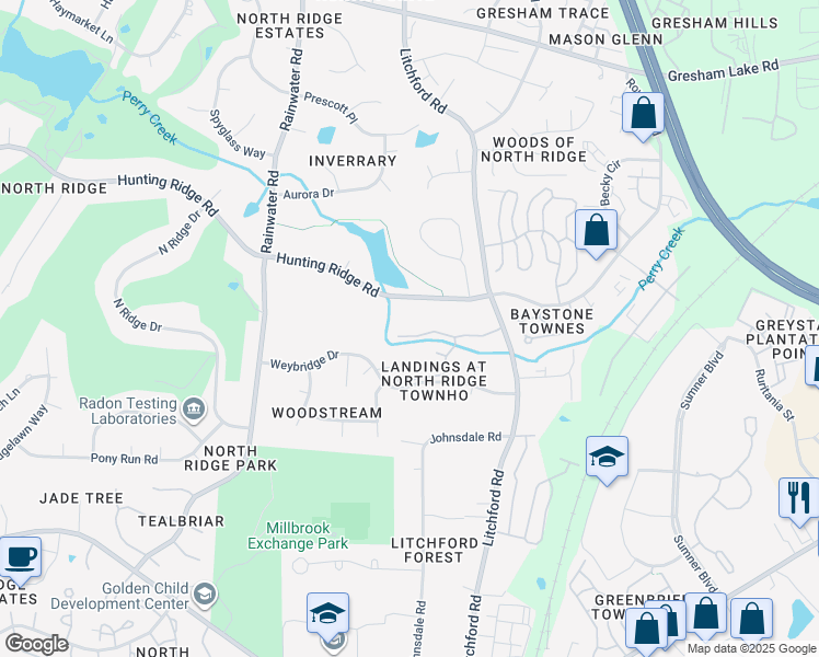 map of restaurants, bars, coffee shops, grocery stores, and more near 6921 Hunters Way in Raleigh