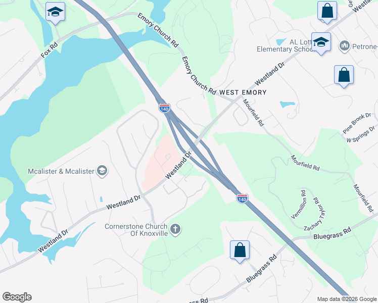 map of restaurants, bars, coffee shops, grocery stores, and more near Westland Drive in Knoxville